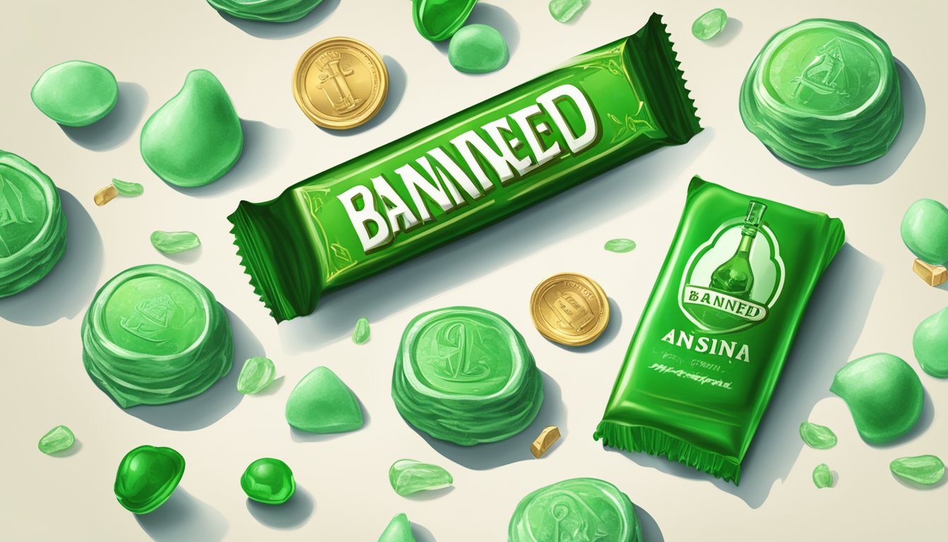 A pile of green absinthe candies surrounded by warning signs and a "banned" stamp