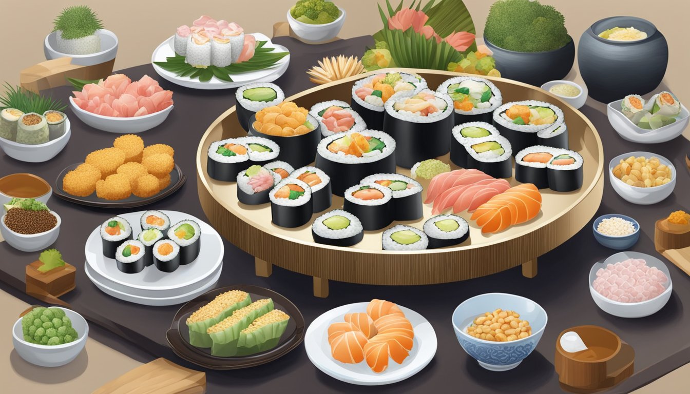 A table set with 10 banned snacks, including fugu sushi, arranged in an elegant and appetizing display