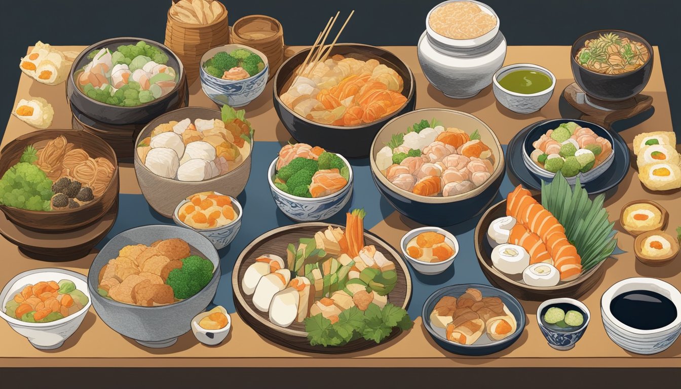 A table with a variety of unusual Japanese foods, including Shirako, arranged in an artistic and appetizing display