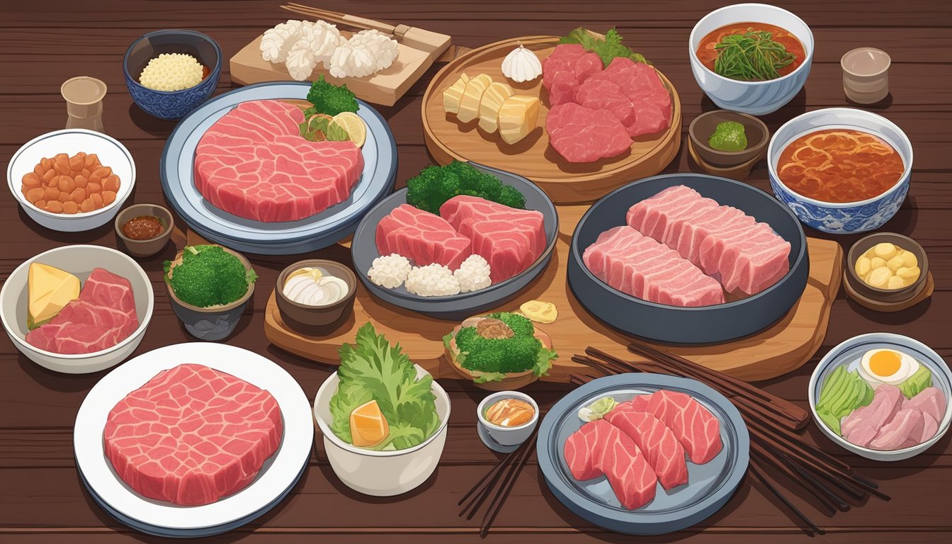 A plate of raw horse meat, surrounded by various other unusual Japanese foods, on a traditional wooden table