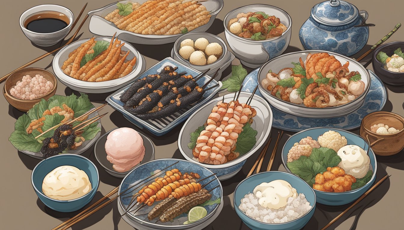 A table covered in various Japanese dishes, including fermented soybeans, octopus ice cream, and grilled salamander skewers