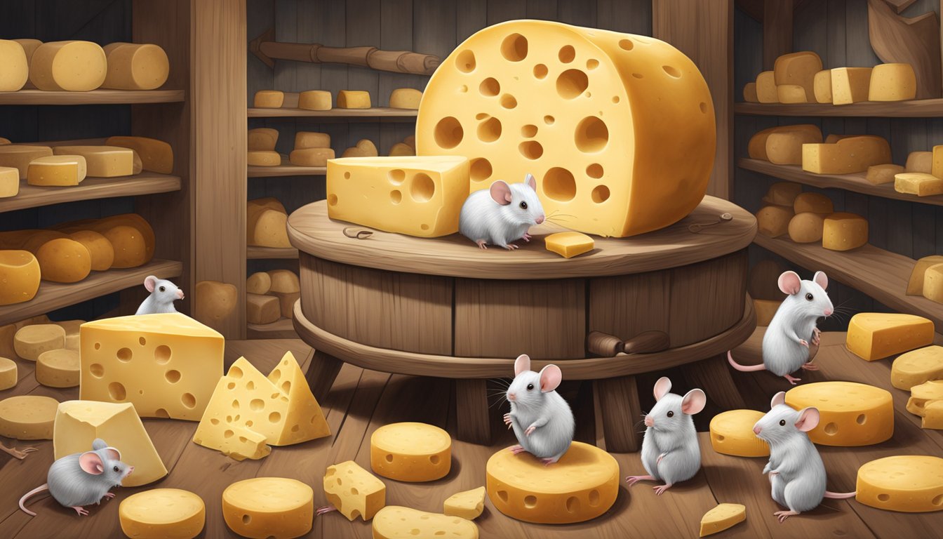 Cheese wheel wedged in saddle storage, surrounded by curious mice