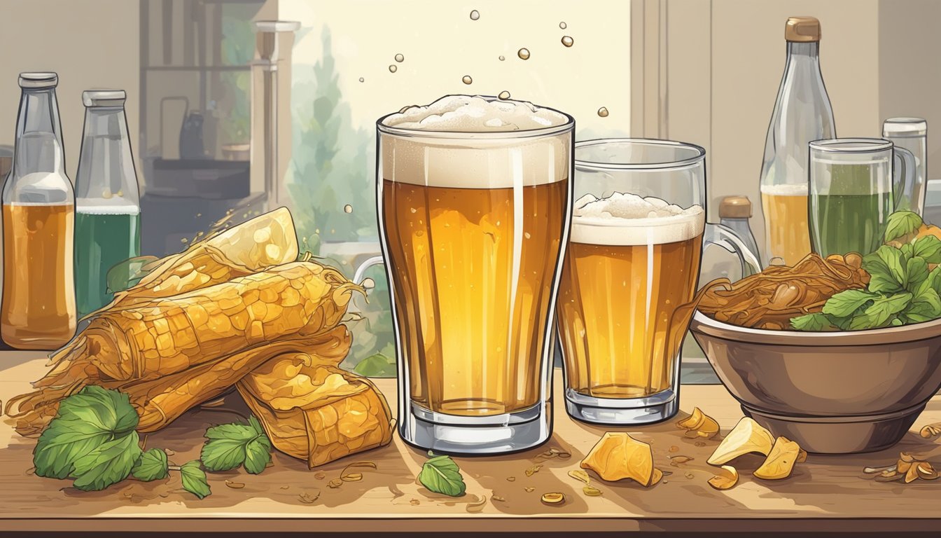 A glass of beer spills onto a table, mixing with food scraps. Over time, the liquid ferments, creating a bizarre new discovery