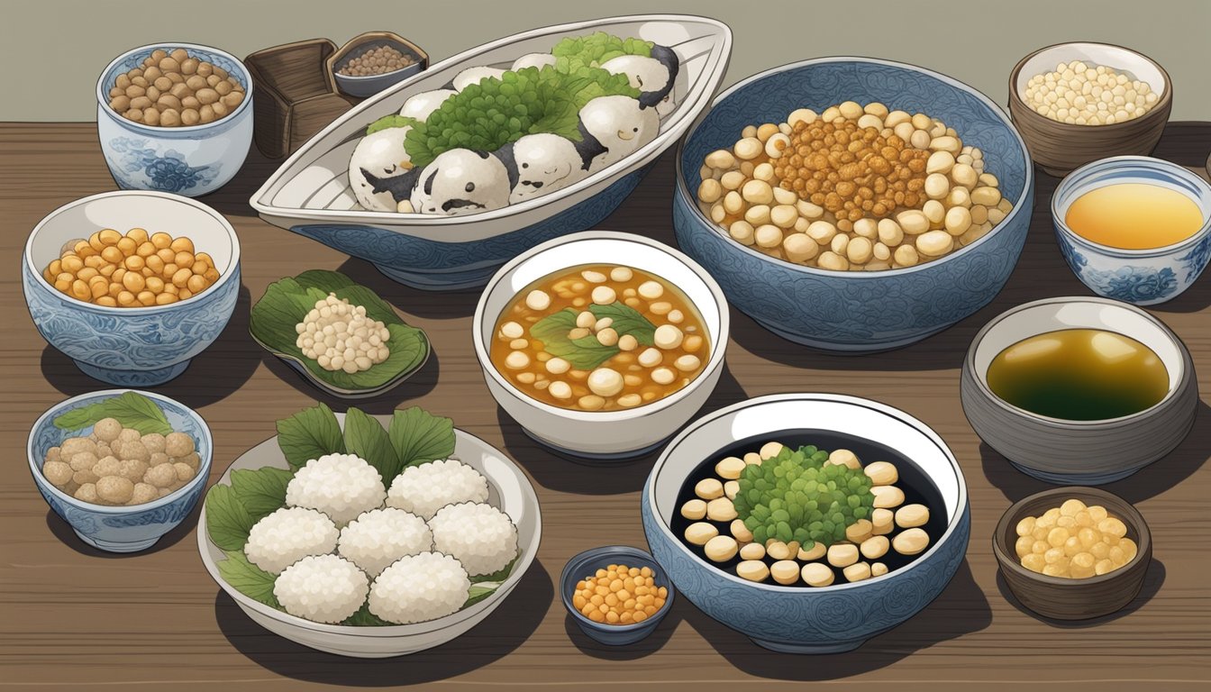 A table set with bizarre Japanese foods: fermented soybeans, fugu, natto, basashi, and other unusual dishes