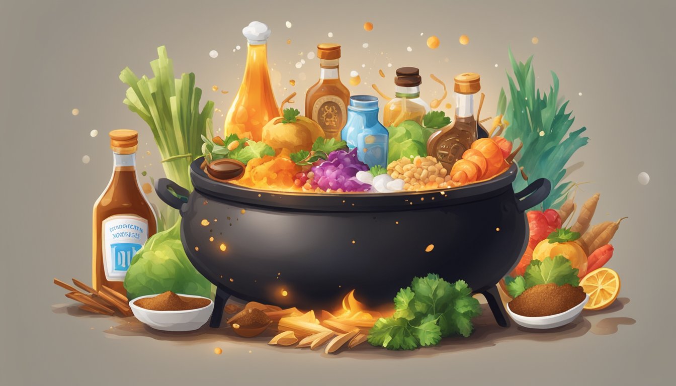 A bubbling cauldron of Worcestershire sauce surrounded by various food items and ingredients, emitting colorful sparks and smoke