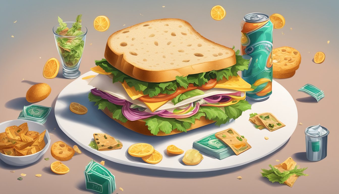 A sandwich made from unconventional ingredients, surrounded by gambling paraphernalia and unusual food items, with a sense of urgency and desperation in the air