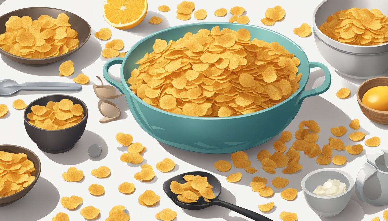 Cornflakes spilling from a bowl onto a cluttered kitchen counter, surrounded by scattered ingredients and utensils