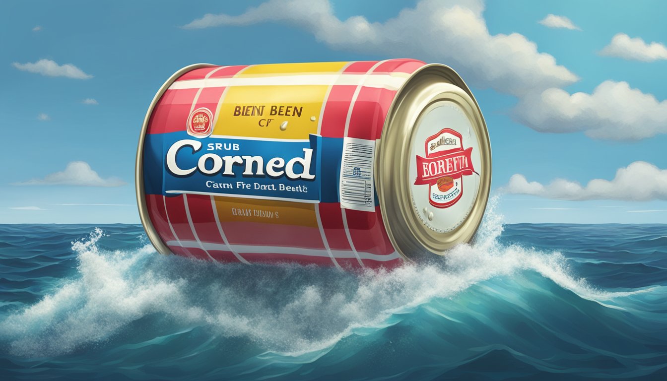 A can of corned beef tied to a buoy floating in the ocean