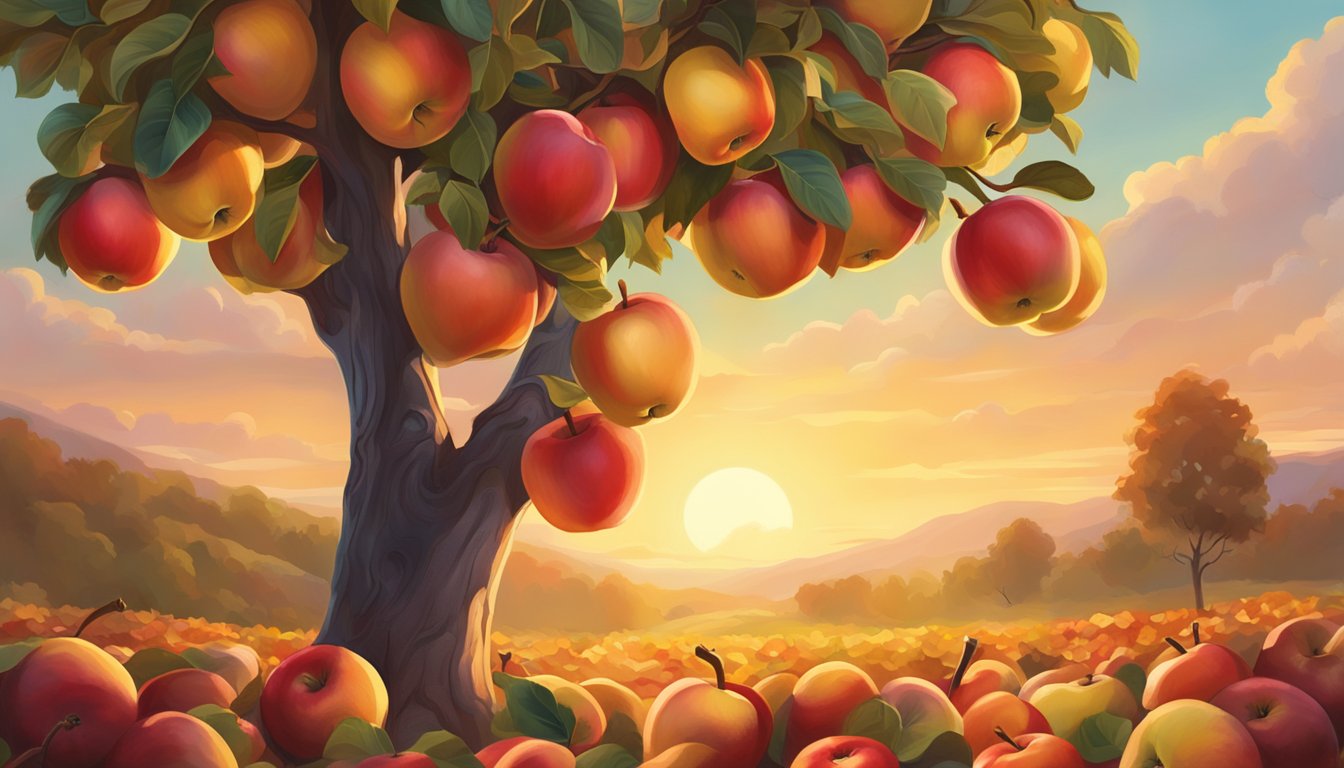 A cluster of Honeycrisp apples hanging from a tree, their vibrant red and yellow hues catching the sunlight, with a few fallen apples on the ground below