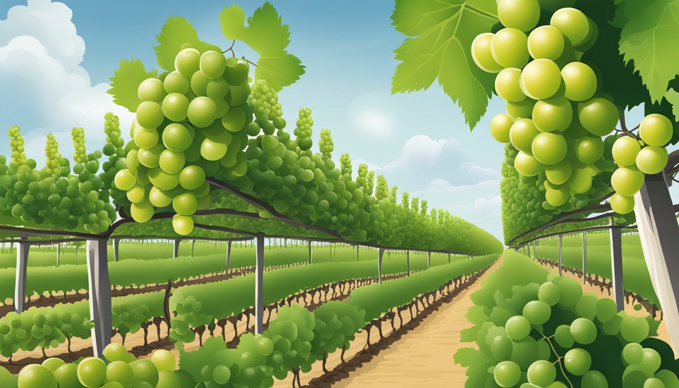 A vineyard with rows of Thompson Seedless Grape plants, showing the transition from small, green fruit to large, ripe grapes