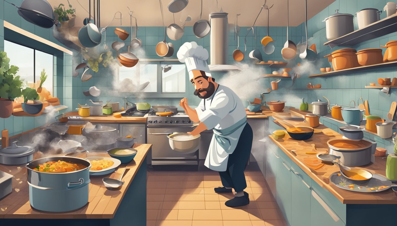 A chaotic kitchen with food flying everywhere, pots boiling over, and a chef desperately trying to contain the chaos