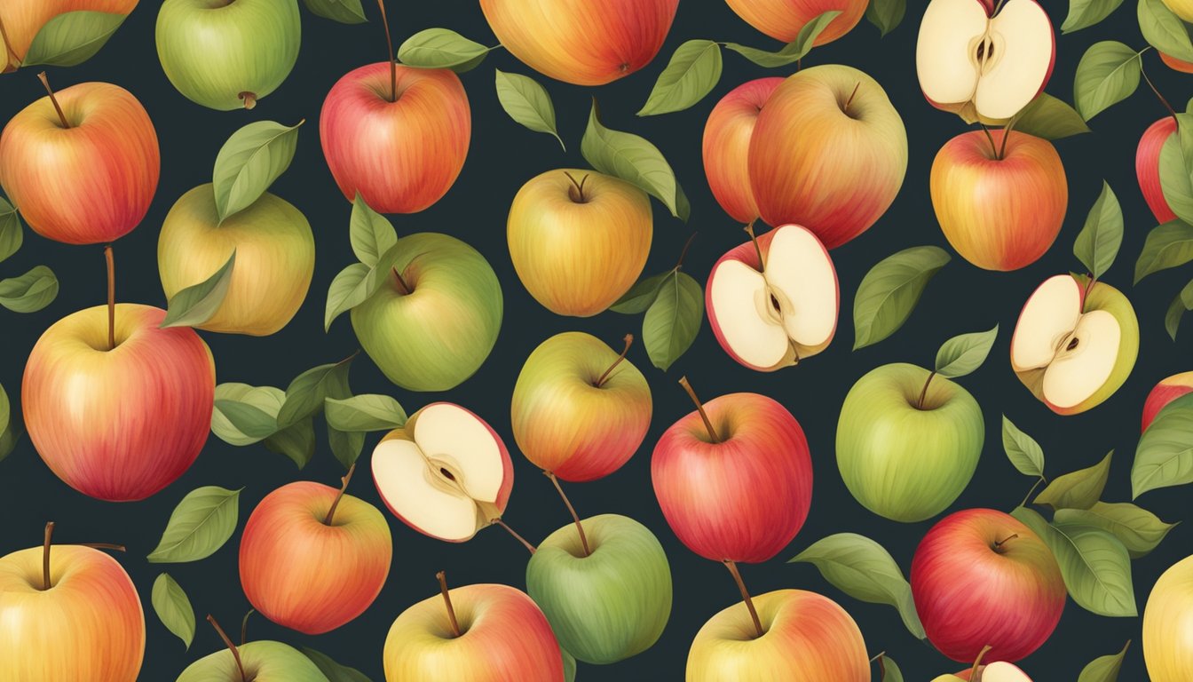 A group of Gala apples, each with unique markings and colors, arranged in a circular pattern on a wooden table