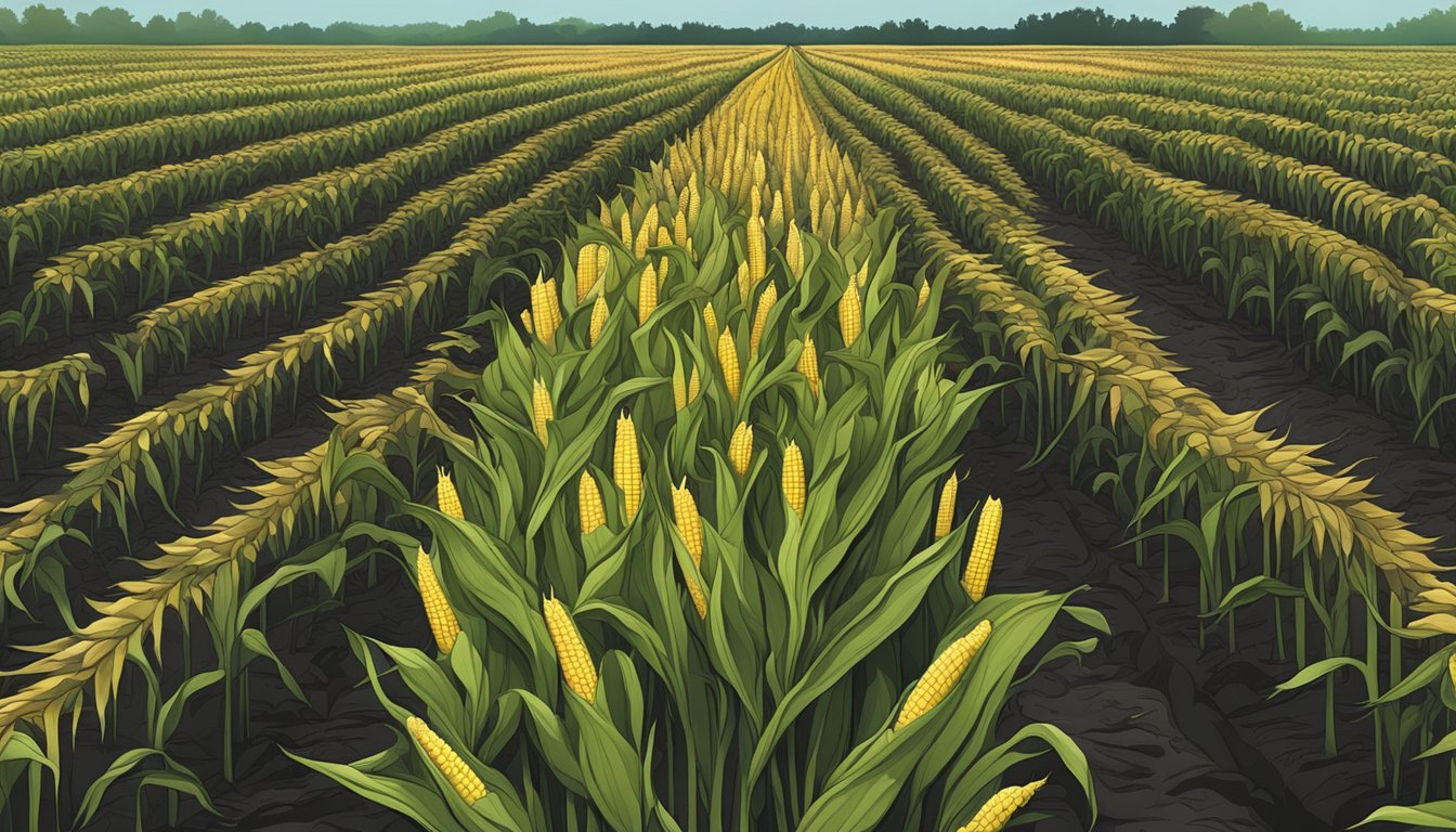 A vast field of corn stalks, with a section overtaken by a dark, ominous mold. The surrounding healthy crops stand in stark contrast to the affected area