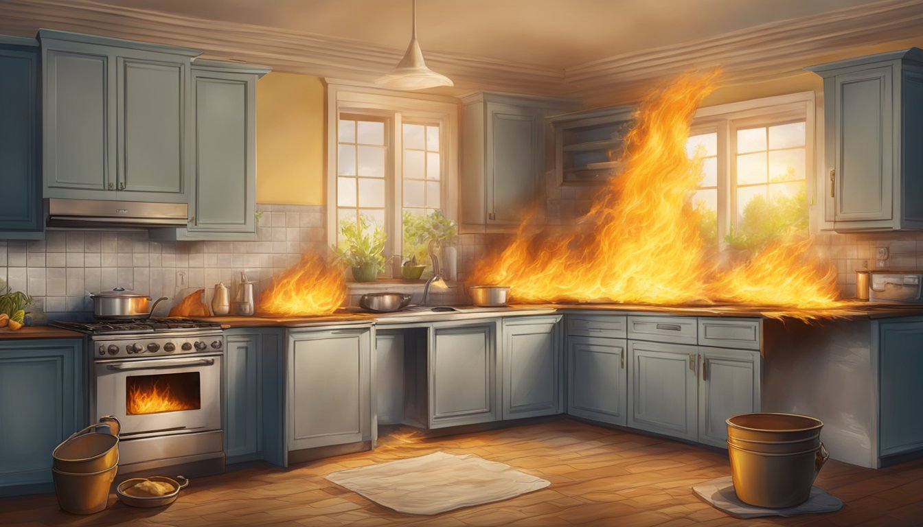 A massive fire engulfs a kitchen, flames licking up from a pot of sizzling butter, causing chaos and destruction