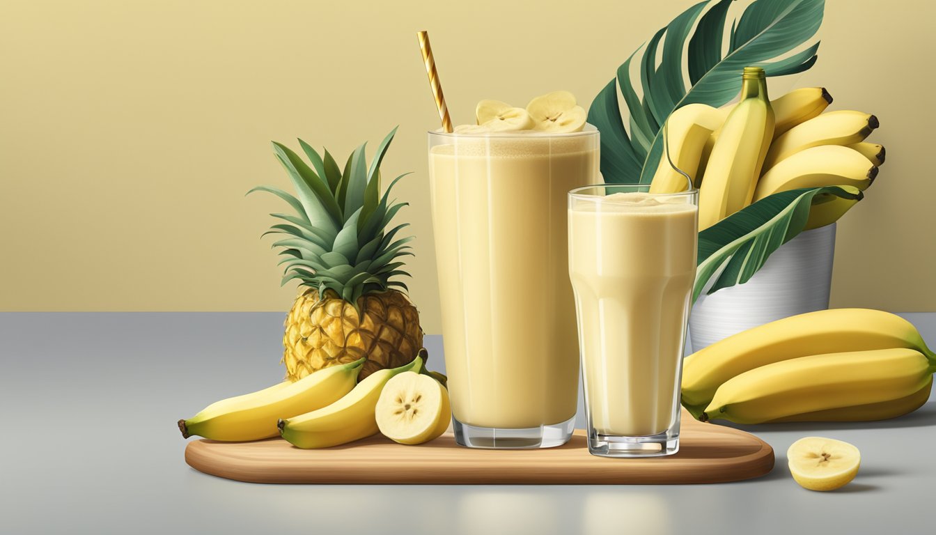 A tall glass filled with a creamy yellow banana smoothie surrounded by fresh bananas, a blender, and a bottle of honey