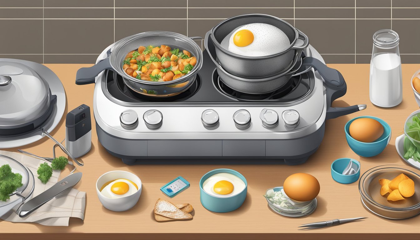 A cluttered kitchen counter with various unused gadgets, including the Rollie Egg Cooker, taking up space