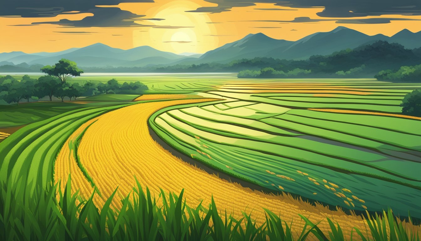 A rice field engulfed in flames, with dark clouds overhead and a river of rice grains flowing through the landscape