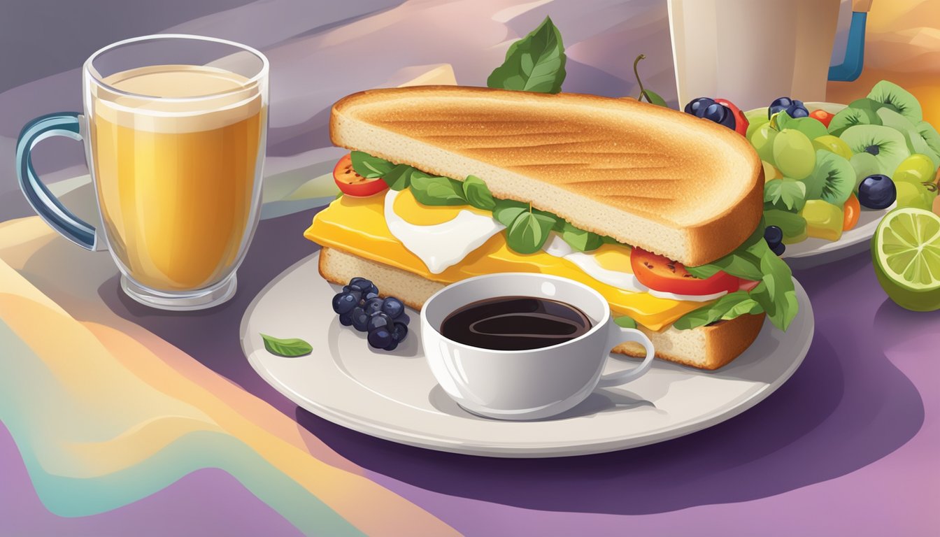 A sizzling egg and cheese sandwich on a toasted bun, surrounded by a colorful array of fresh fruits and a steaming cup of coffee