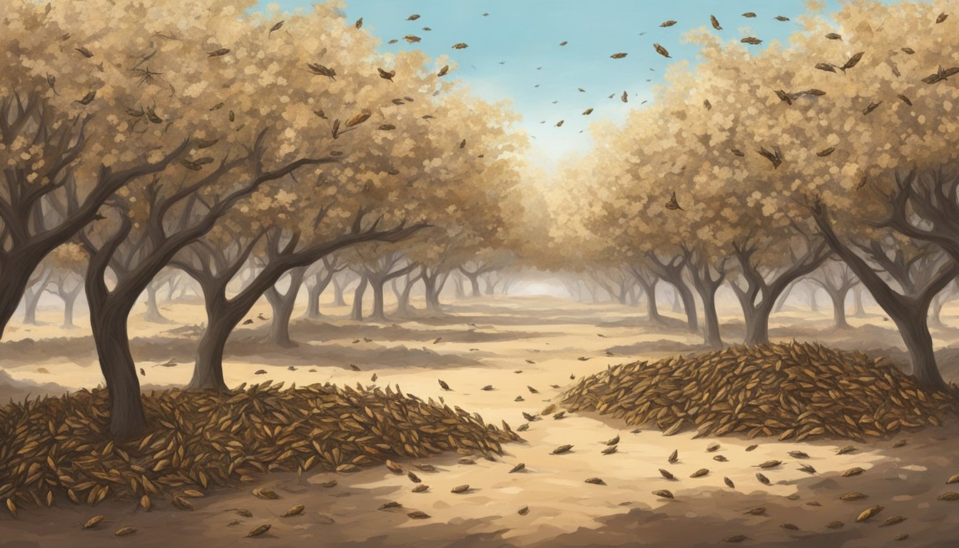 A swarm of locusts descends upon a vast almond orchard, devouring every tree in sight, leaving behind a barren wasteland