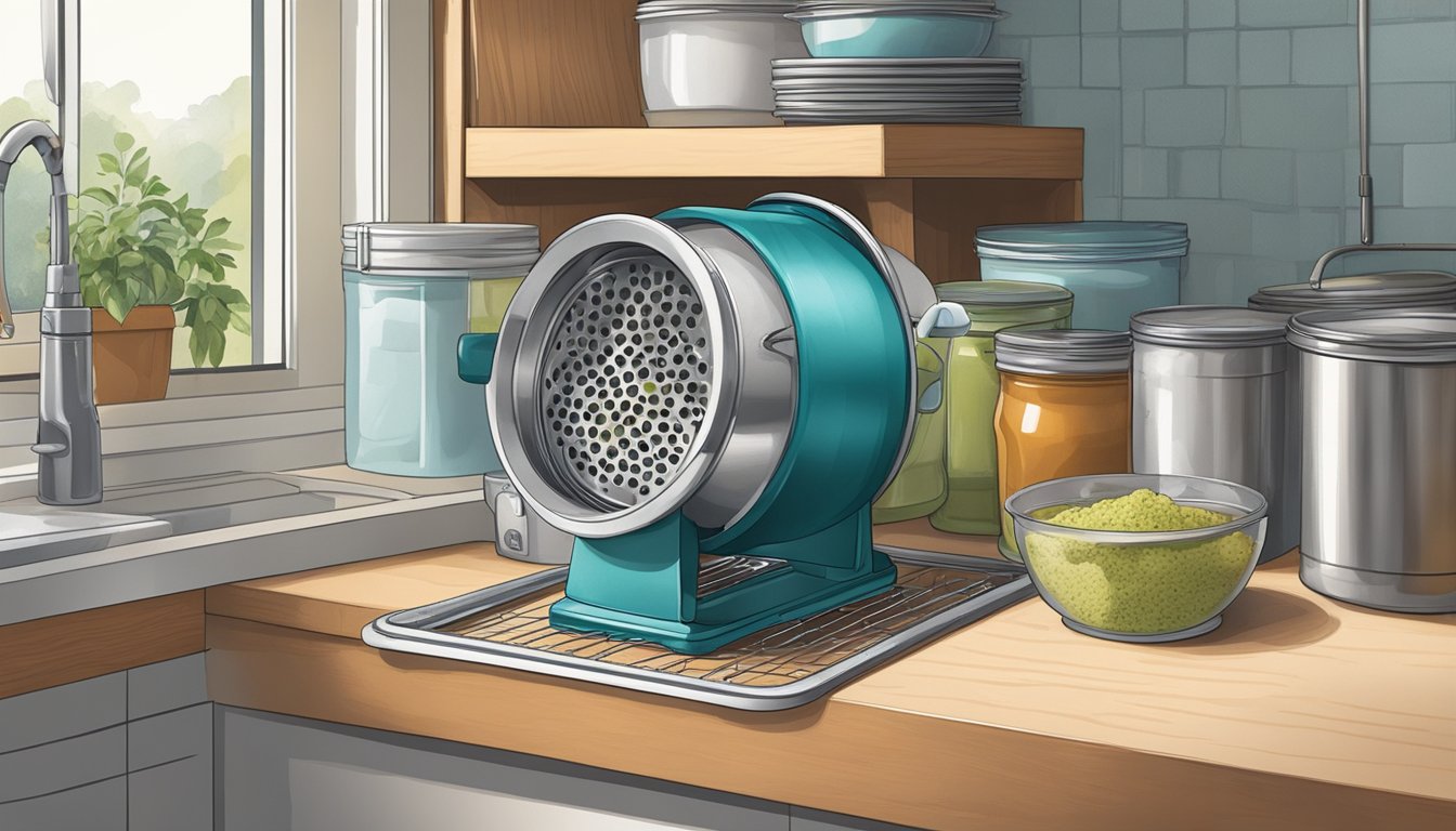 An electric tuna can strainer sits unused and dusty in a cluttered kitchen drawer