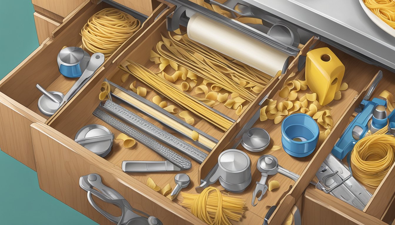 A pasta measuring tool sits abandoned in a cluttered kitchen drawer, surrounded by other useless gadgets