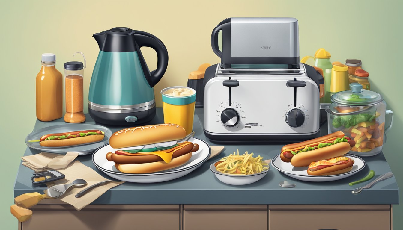 A cluttered kitchen counter with a hot dog toaster surrounded by other unused gadgets