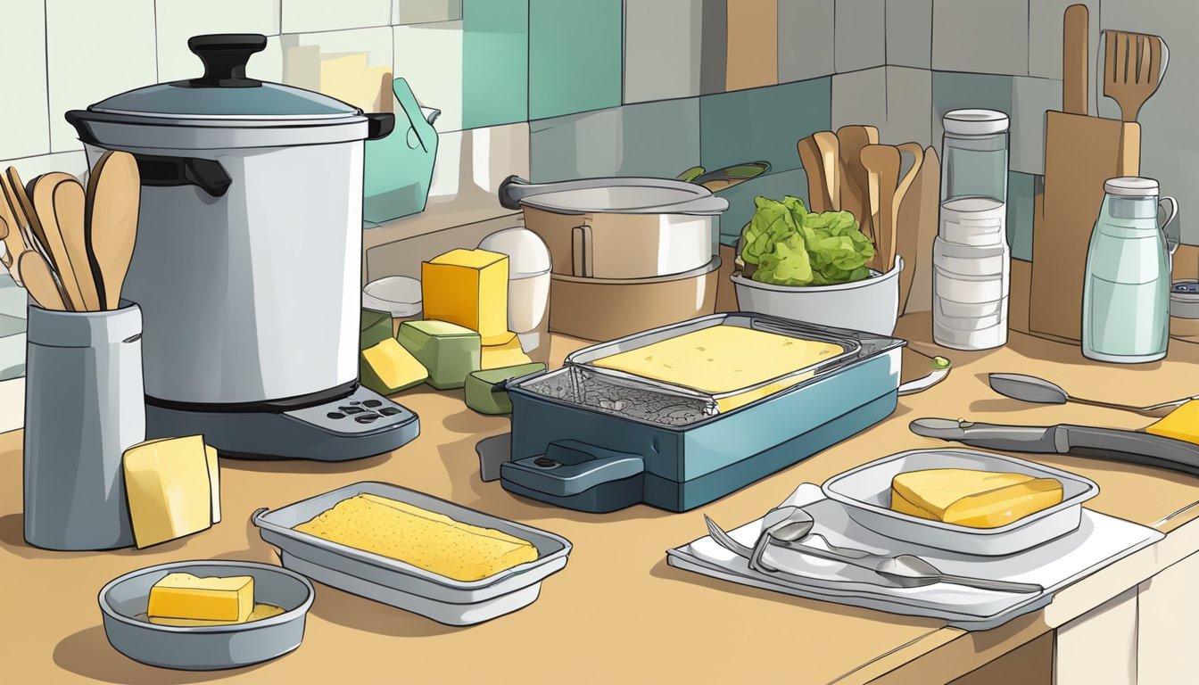 A cluttered kitchen counter with various useless gadgets, including a butter spreader, taking up unnecessary space