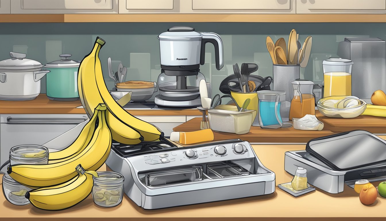 A cluttered kitchen counter with a variety of unused gadgets, including a banana keeper, taking up unnecessary space