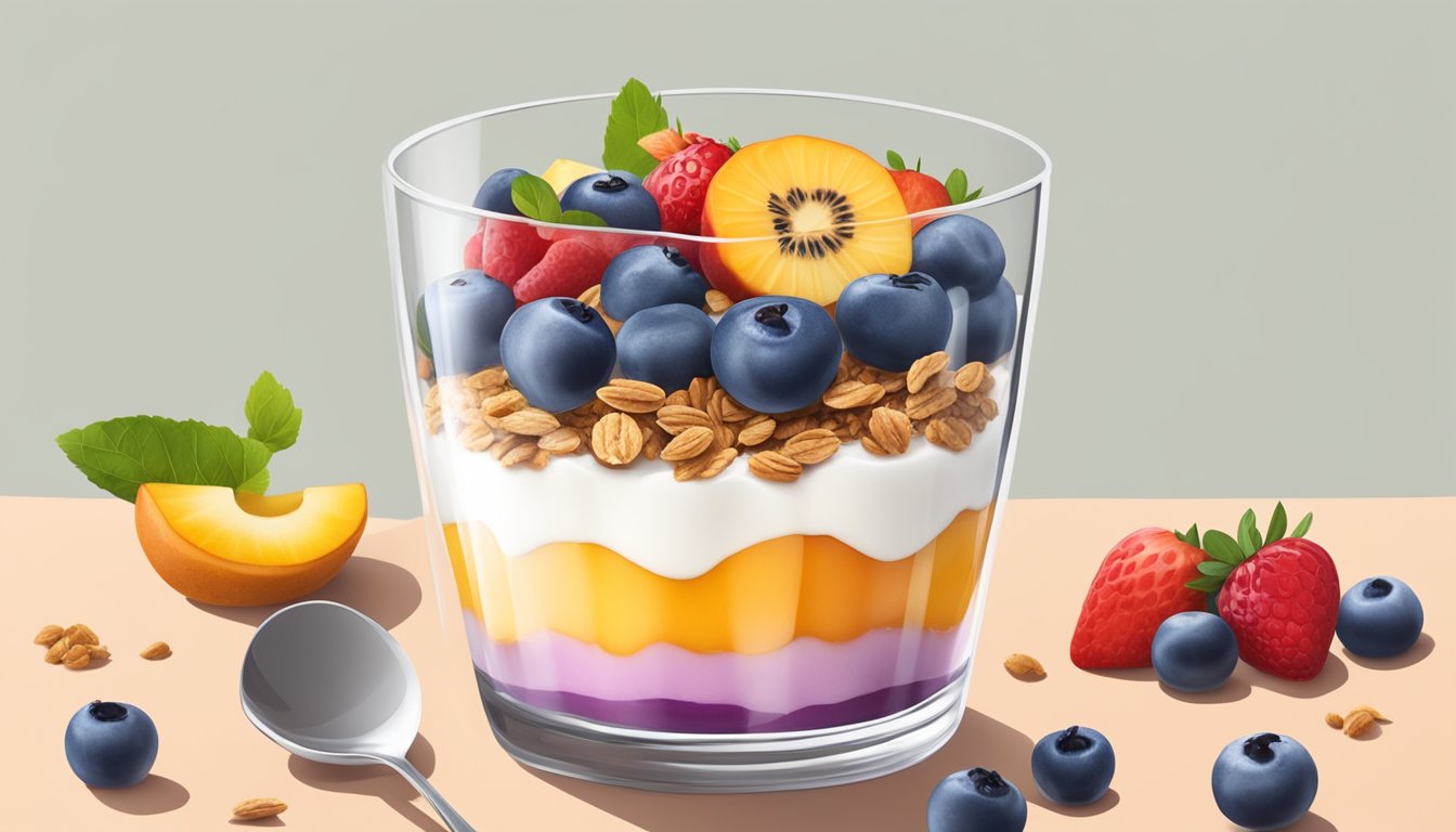 A colorful parfait with layers of yogurt, granola, and fresh fruit in a clear glass dish