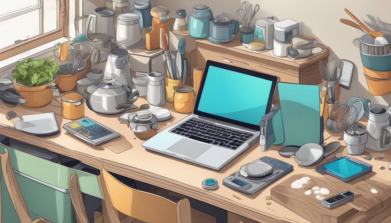 A cluttered kitchen counter with various unused gadgets scattered around, taking up space and collecting dust