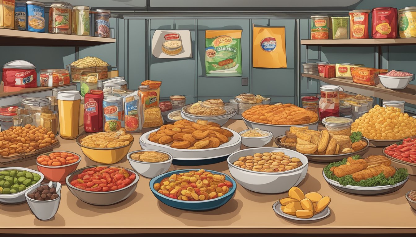 A table covered with various processed foods, each labeled with a number from 1 to 10. A red warning sign hovers above the table