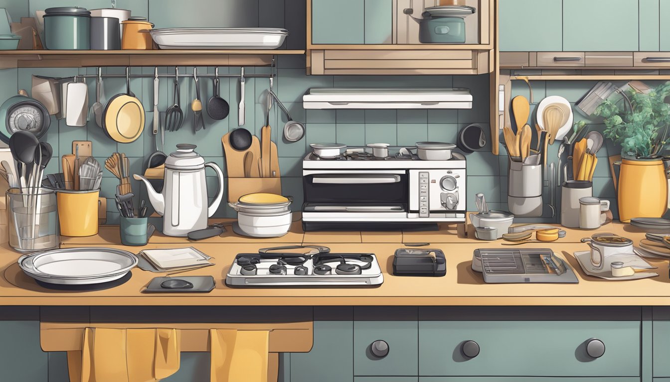 A cluttered kitchen counter with various unused gadgets taking up space