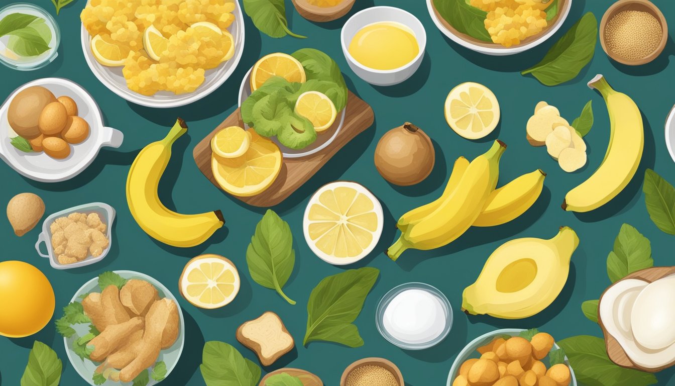 A table with 10 different foods, including bananas, eggs, and ginger, arranged in a colorful array