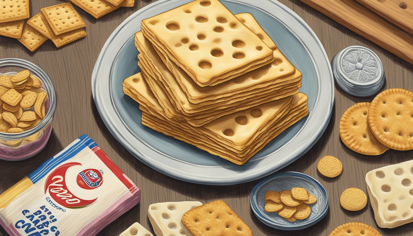 A stack of Nabisco Swiss Cheese Crackers sits on a vintage kitchen table, surrounded by other discontinued snacks