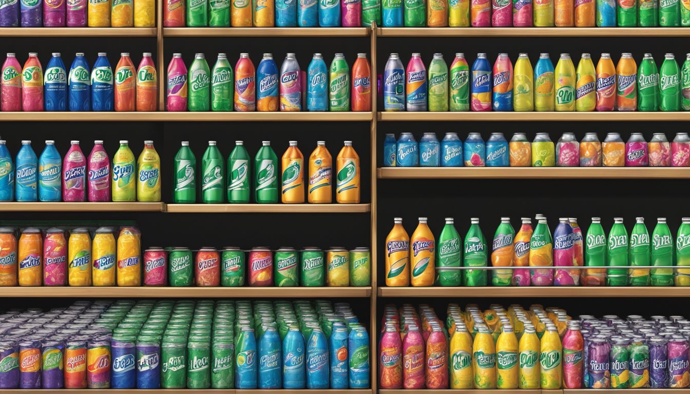 A colorful array of discontinued Sprite Remix 10 flavors displayed on a shelf, surrounded by other nostalgic soda cans and bottles