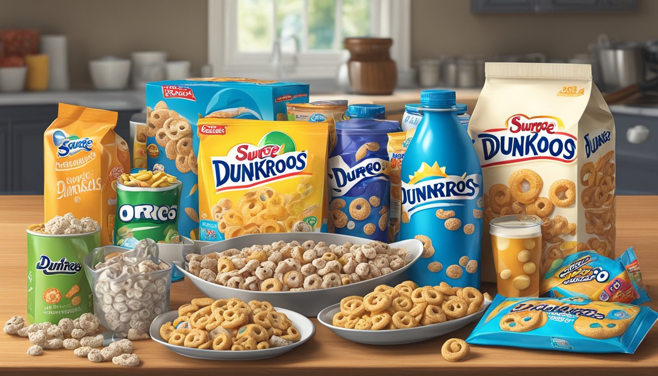 A nostalgic kitchen table with an open pack of Dunkaroos, surrounded by other discontinued snacks like Surge soda and Oreo O's cereal