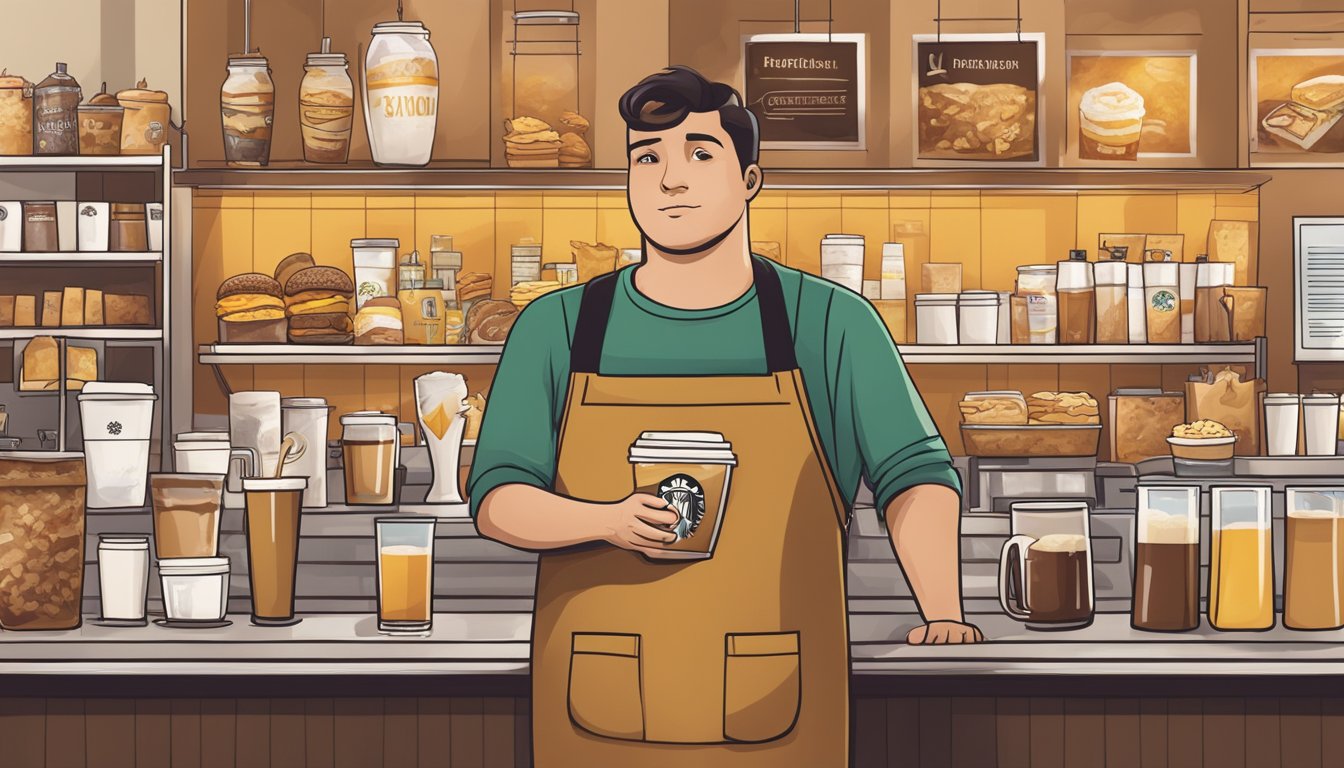 A barista preparing a Butterbeer Latte at Starbucks, surrounded by various fast food menu items