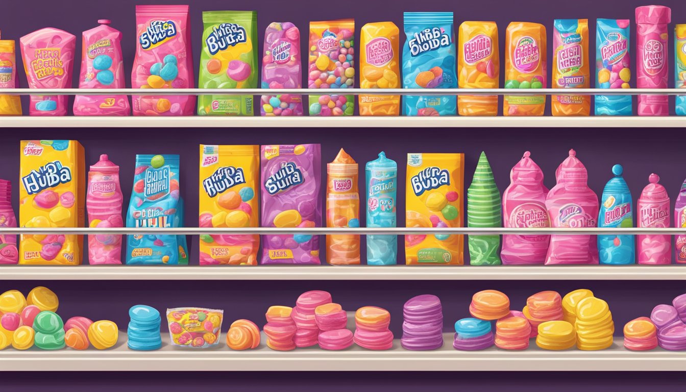 A colorful assortment of nostalgic candy packaging, including the iconic Hubba Bubba Squeeze Pop, arranged on a shelf in a retro-style candy store