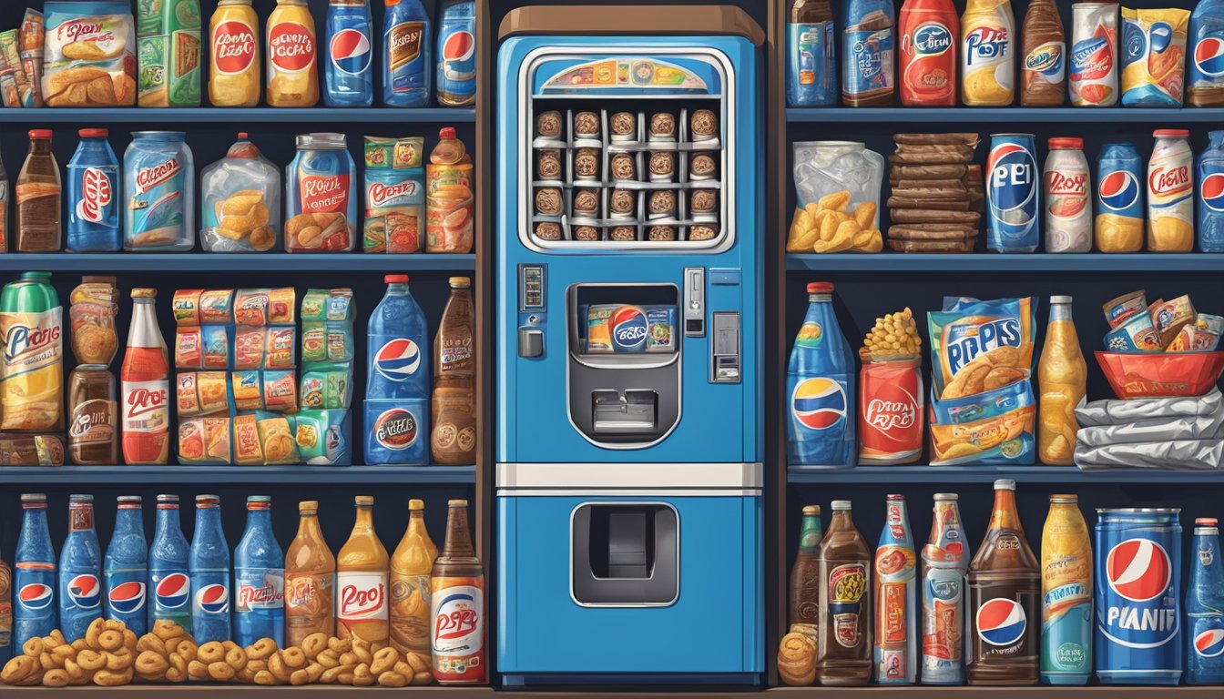 A vintage vending machine with Pepsi Blue and other discontinued snacks, surrounded by nostalgic memorabilia