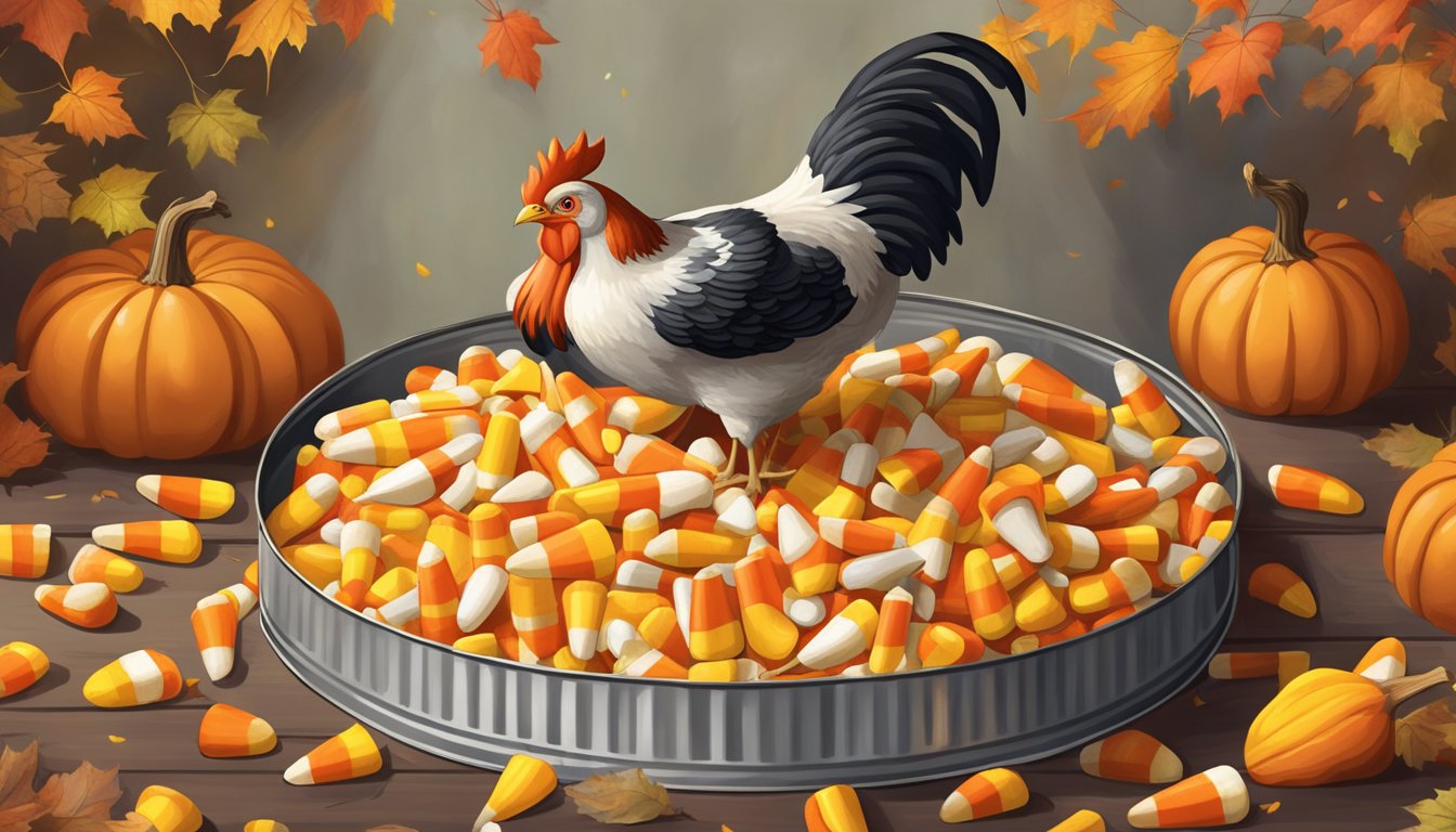 A pile of candy corn spills out of a vintage "Chicken Feed" tin, surrounded by autumn leaves and a festive pumpkin