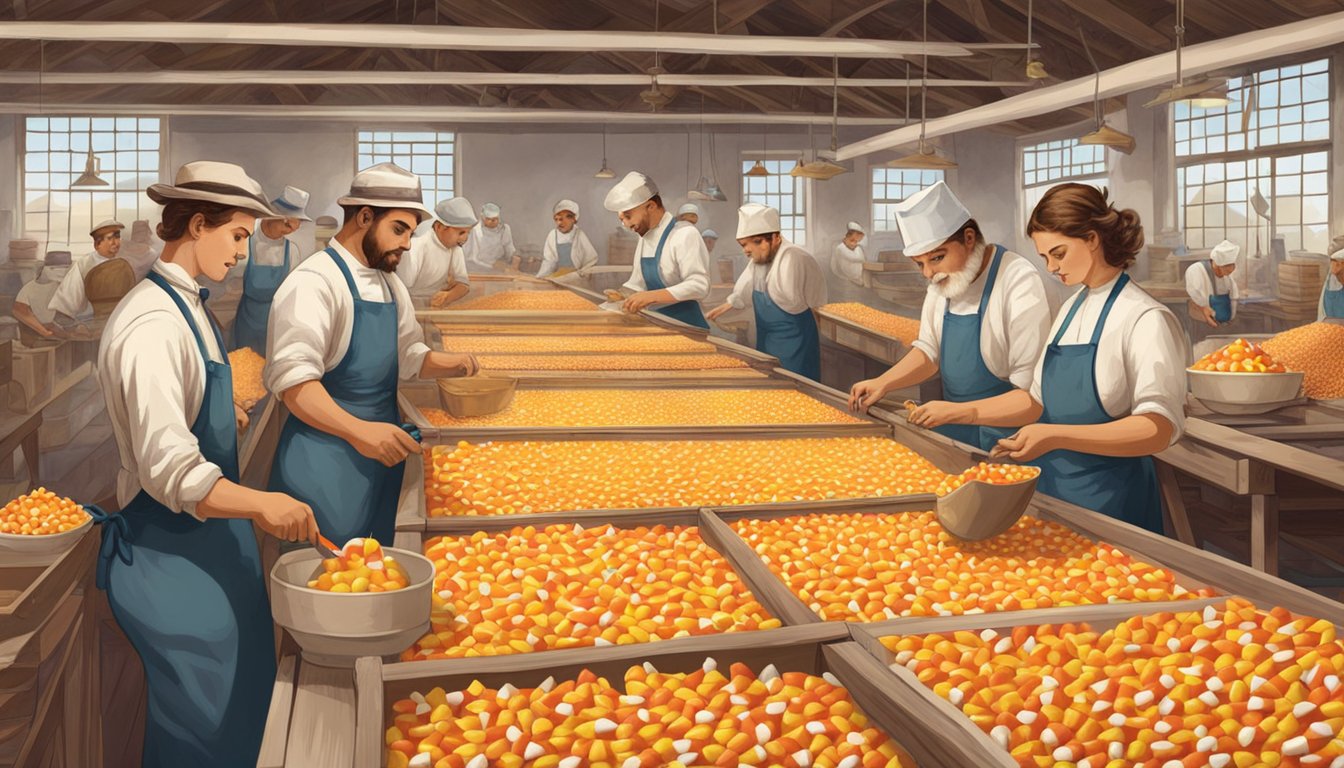 A vintage candy corn factory with workers packaging the colorful treats in 1880s attire