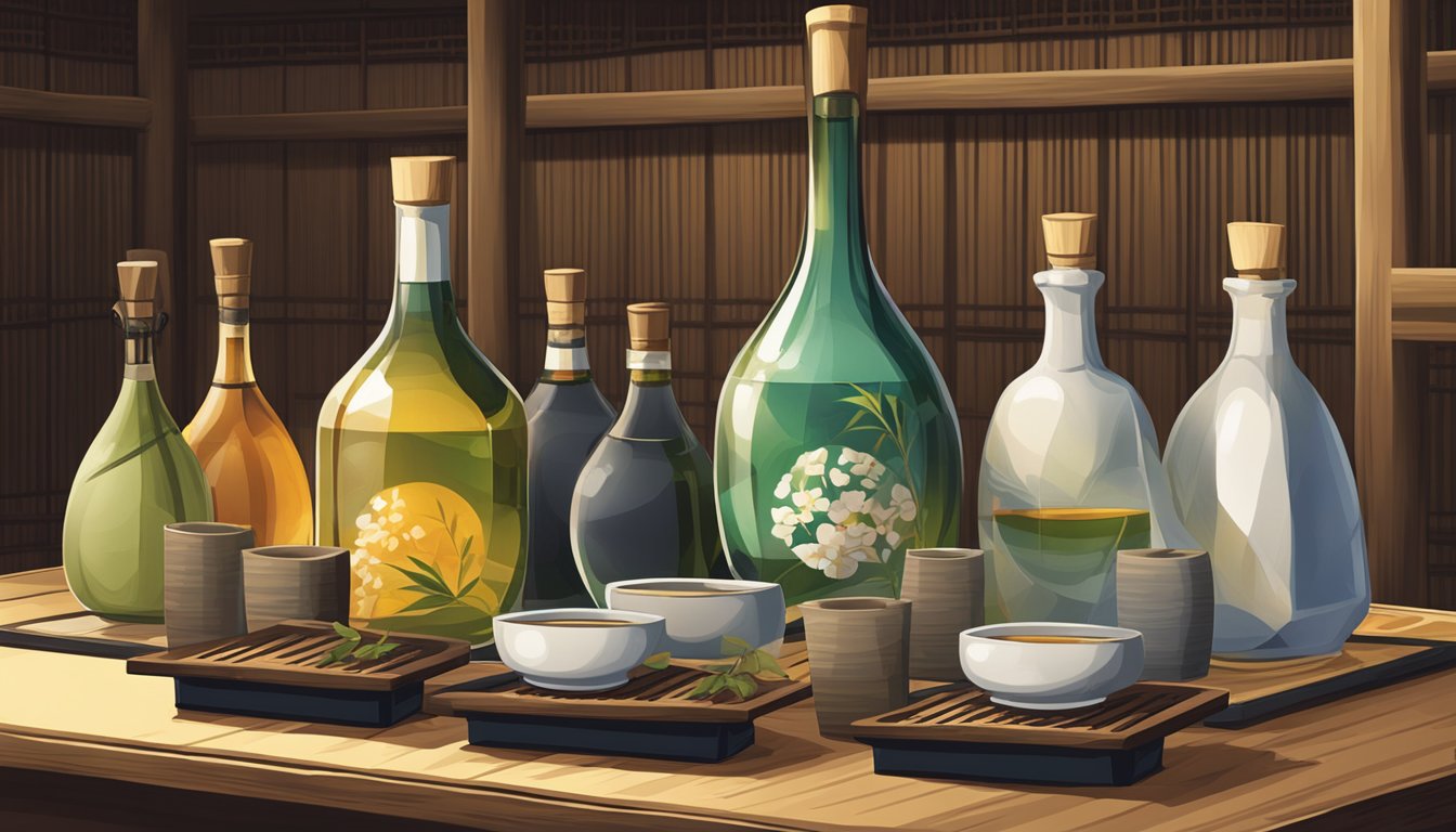 Ten ancient alcohol bottles arranged on a wooden table with traditional Japanese sake set and bamboo mat