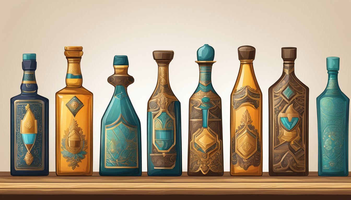 A row of 10 ancient alcohol containers, each with unique designs and shapes, displayed on a wooden table