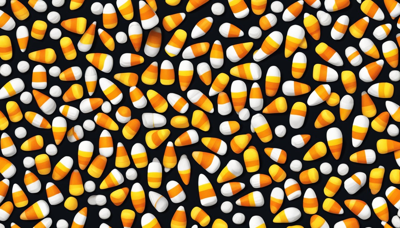 A pile of candy corn arranged in a circular pattern, with a mix of orange, yellow, and white colors, sitting on a dark surface