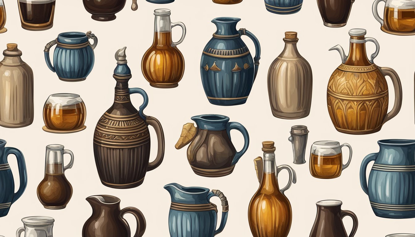 A group of ancient ceramic jugs filled with kvass and surrounded by various other historic alcoholic beverages