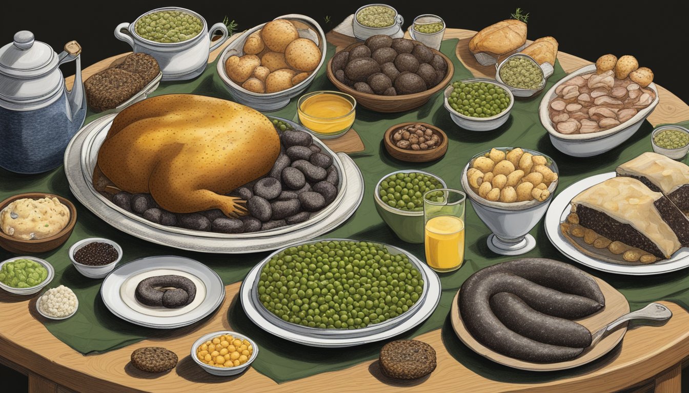 A table adorned with 10 unusual UK foods: jellied eels, haggis, black pudding, stargazy pie, spotted dick, laverbread, faggots, jellied tripe, mushy peas, and jellied pigs' feet