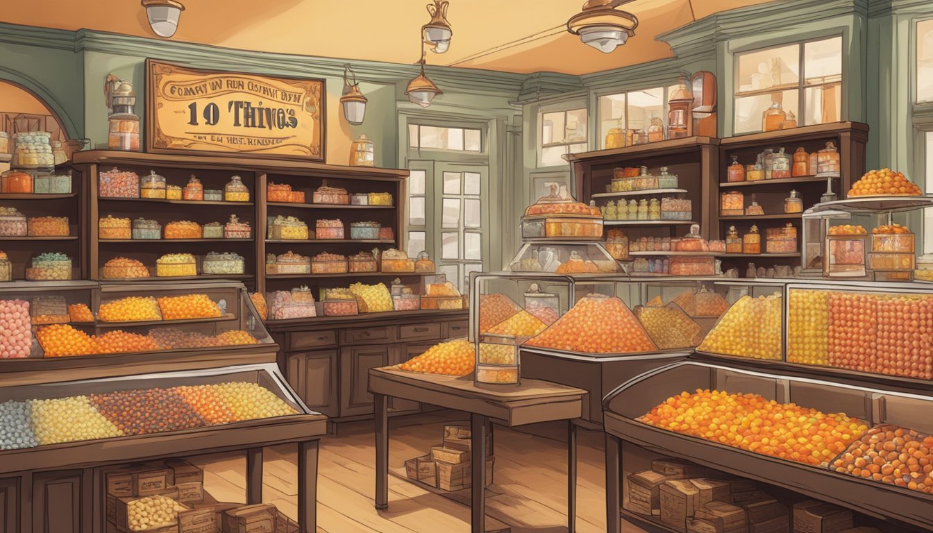 A vintage candy shop with shelves of candy corn and a sign touting "10 things you didn't know about candy corn" since the 1800s