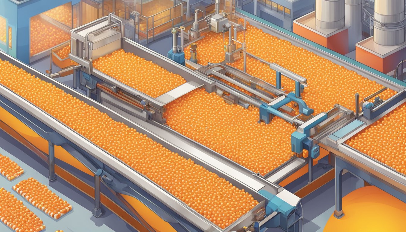 A candy corn factory with conveyor belts and machines producing the iconic tri-colored candy