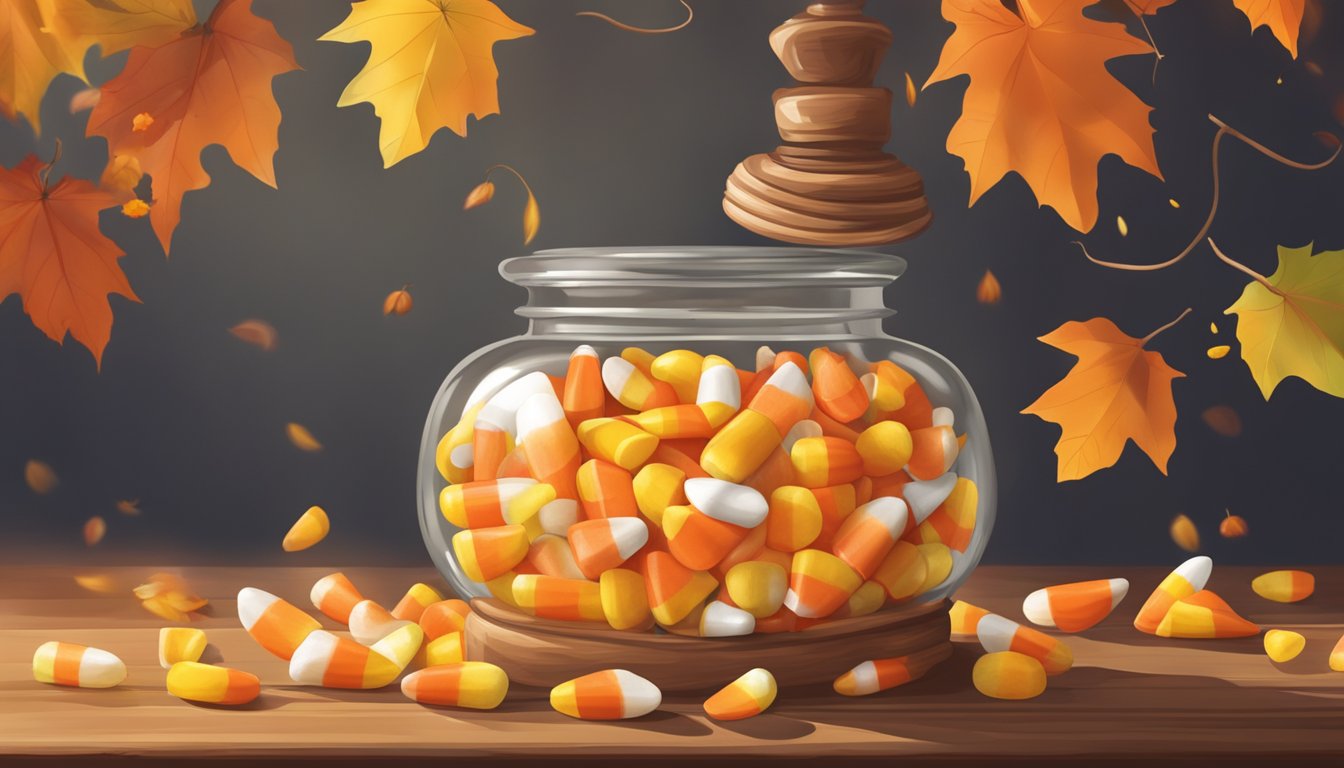 A colorful pile of candy corn being poured out of a vintage glass jar onto a wooden table, surrounded by autumn leaves and a pumpkin