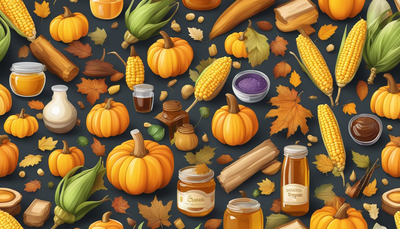 A colorful assortment of sugar, corn syrup, and honey, surrounded by pumpkins and autumn leaves